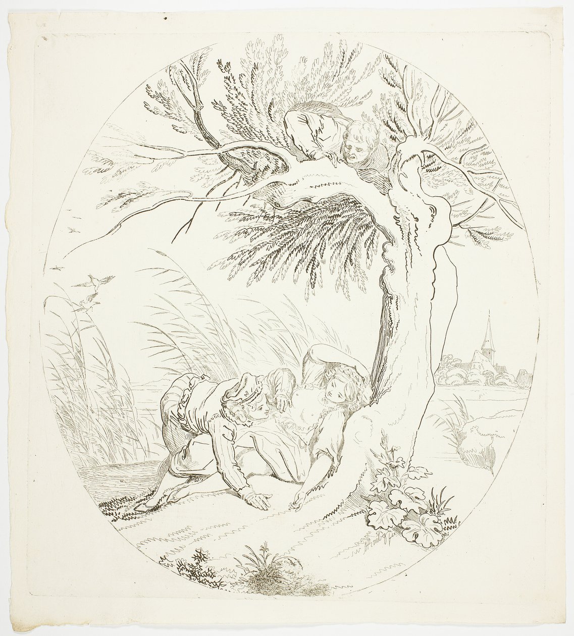 Nieobserwowany mężczyzna szpieguje leżących kochanków autorstwa Johann Heinrich Ramberg