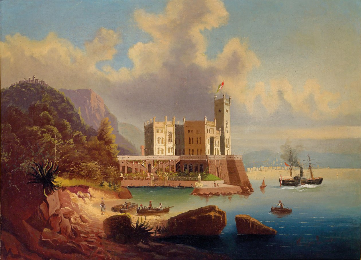 Widok na zamek Miramare i Triest. autorstwa Johann Wilhelm Jankowski