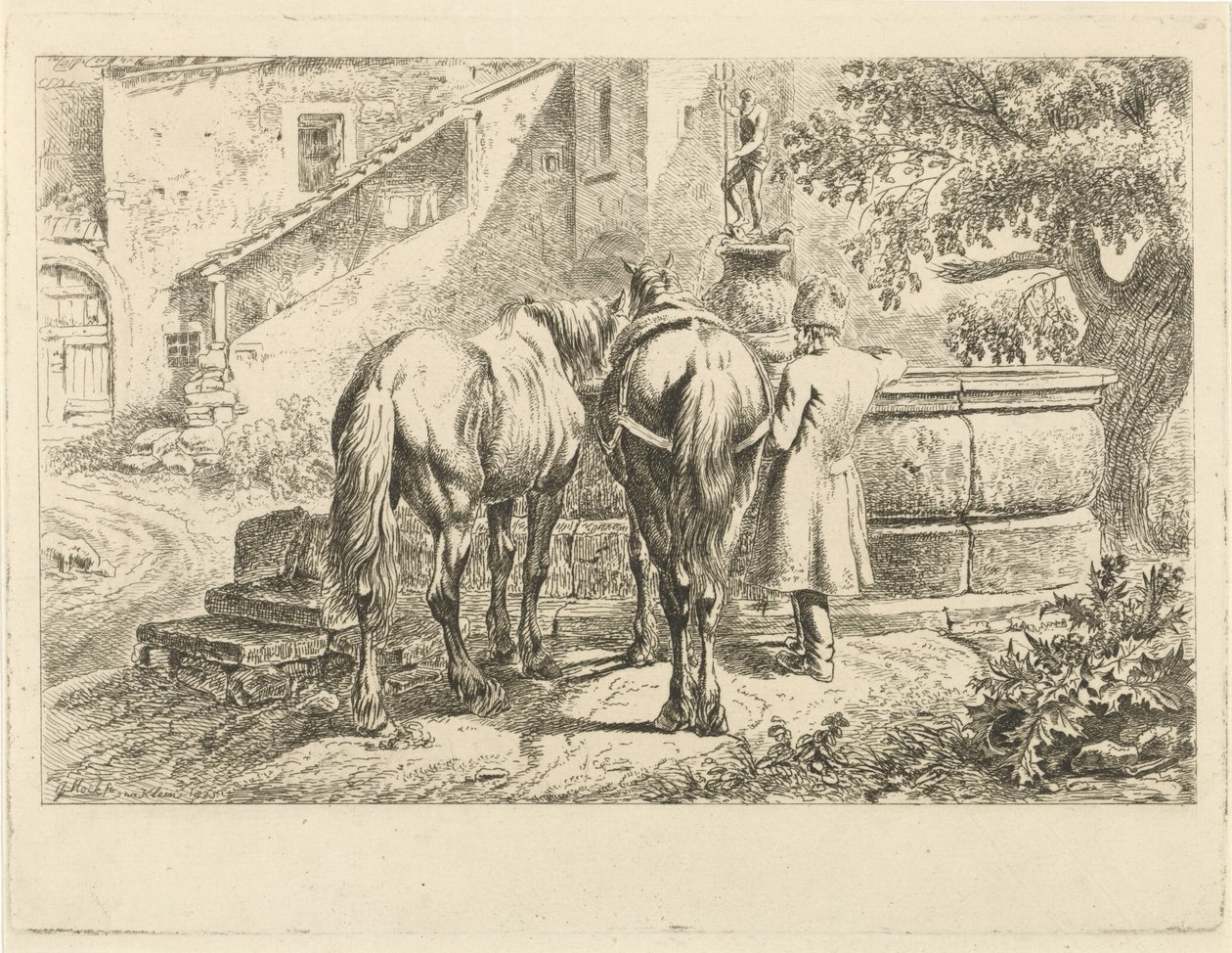 Konie do picia przy fontannie autorstwa Johannes Mock
