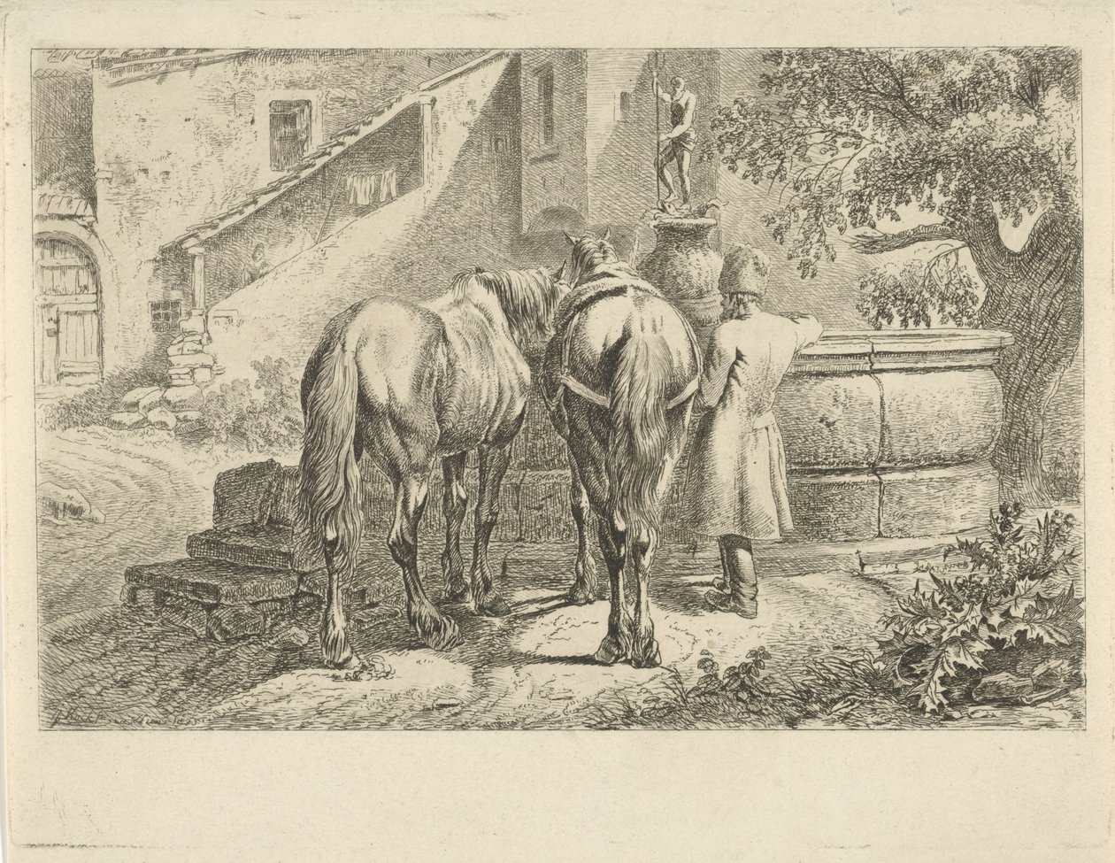 Konie do picia przy fontannie autorstwa Johannes Mock