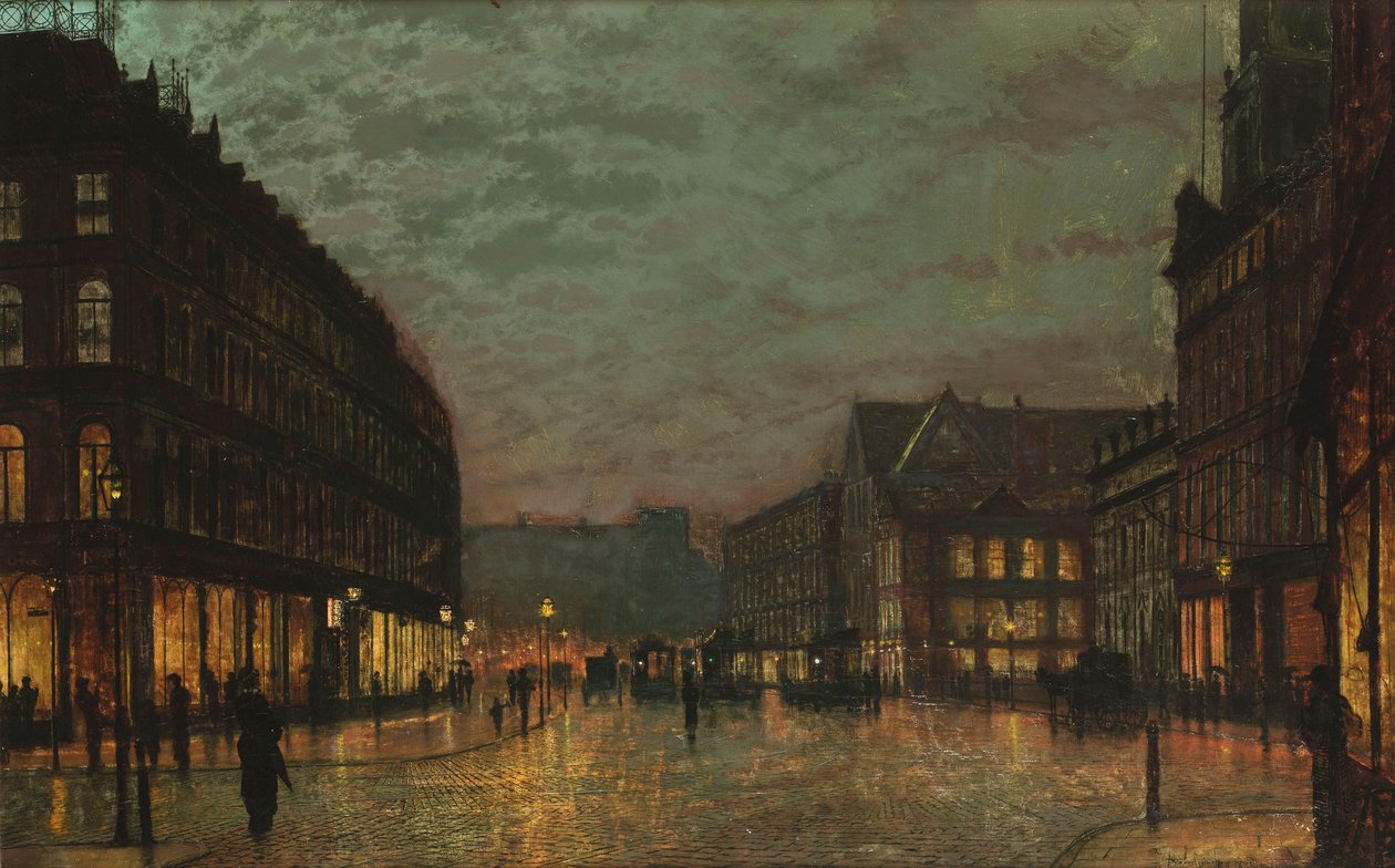 Boar Lane, Leeds, przy świetle lampy autorstwa John Atkinson Grimshaw