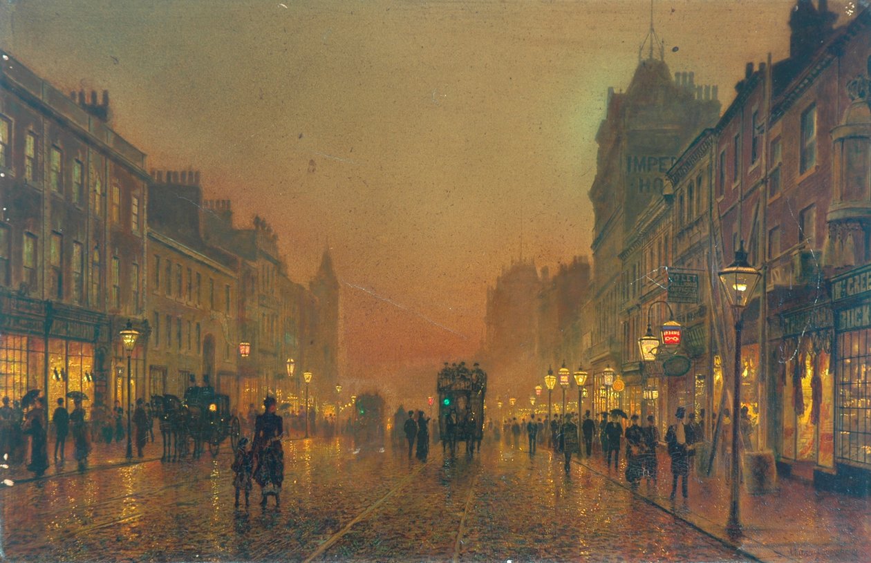 Briggate, Leeds, 1891 (olej na papierze oprawiony w płótno) autorstwa John Atkinson Grimshaw