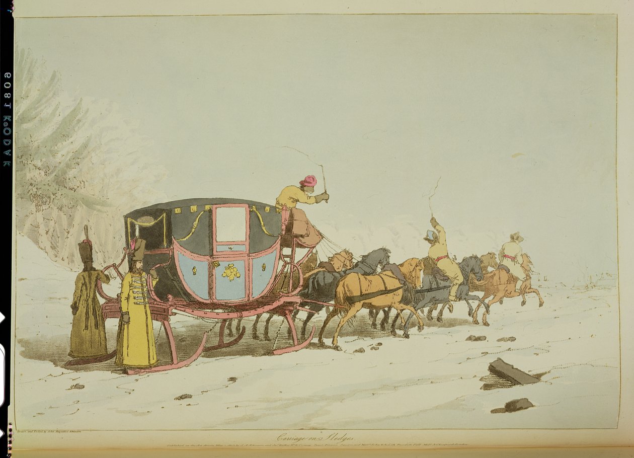 Powóz na saniach, sztychowany przez artystę, wydany 1803 autorstwa John Augustus Atkinson