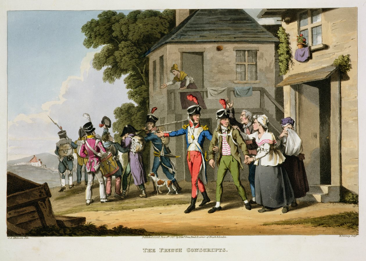 Francuscy poborowi, ryty: Matthew Dubourg (fl.1813-20) i John Heaviside Clark (ok.1771-1863) z „Anegdot historycznych, wojskowych i morskich”, wyd. Edward Orme (1774-c.1820) 1817 (akwatinta) autorstwa John Augustus Atkinson