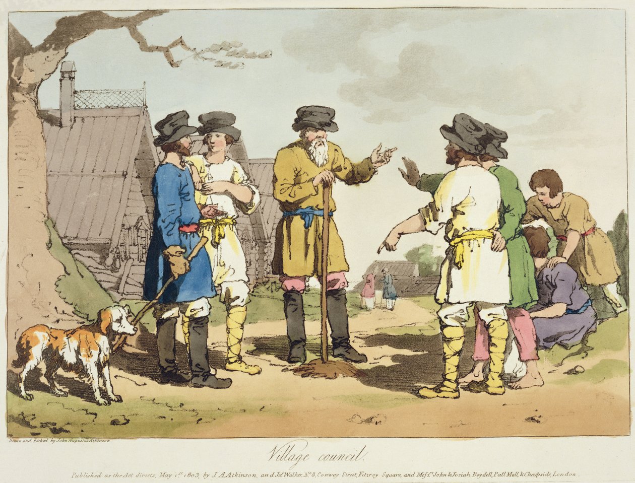 Rada wiejska, akwaforta artysty, wyd. 1803 r. autorstwa John Augustus Atkinson