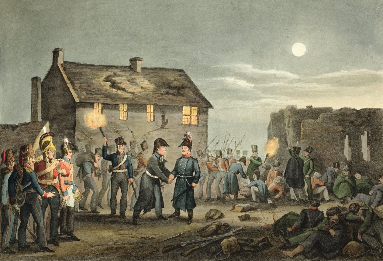 Wellington i Blucher Przypadkowe spotkanie pod koniec bitwy pod Waterloo, grawerowane przez Matthew Dubourga (fl.1813-20) z „Anegdoty historyczne, wojskowe i morskie”, wyd. Edwarda Orme