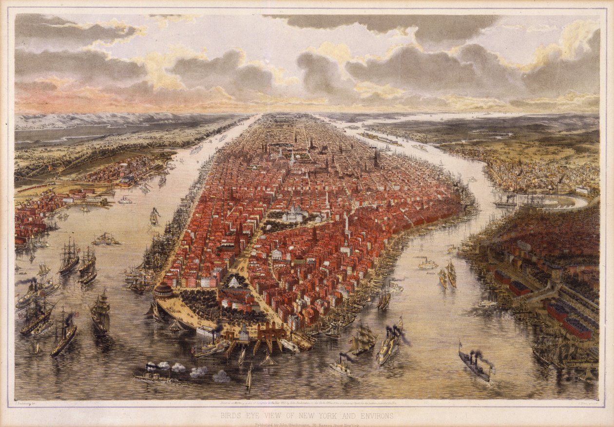 Nowy Jork i okolice z lotu ptaka, 1865 autorstwa John Bachmann