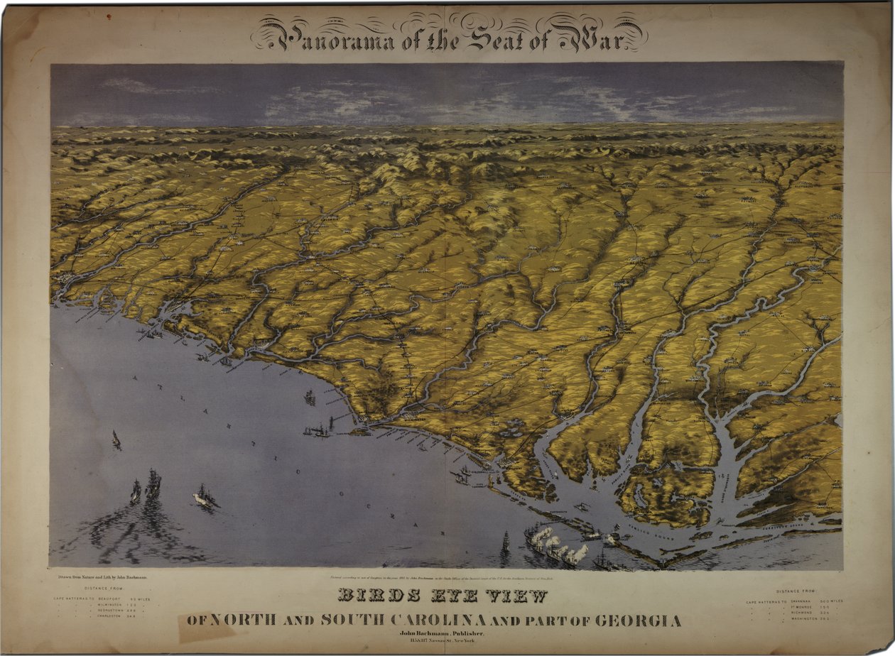 Panorama miejsca wojny: widok z lotu ptaka na północną i południową Karolinę oraz część Georgii, 1861 autorstwa John Bachmann