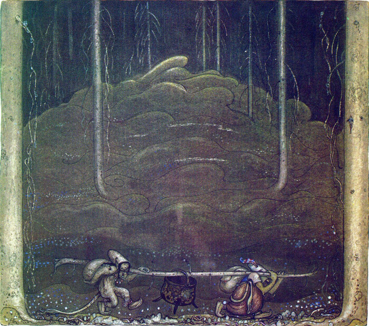 Gdy nadszedł wieczór, trollowa matka i chłopiec wymknęli się z góry. Nieśli kocioł trolli między sobą na patyku autorstwa John Bauer