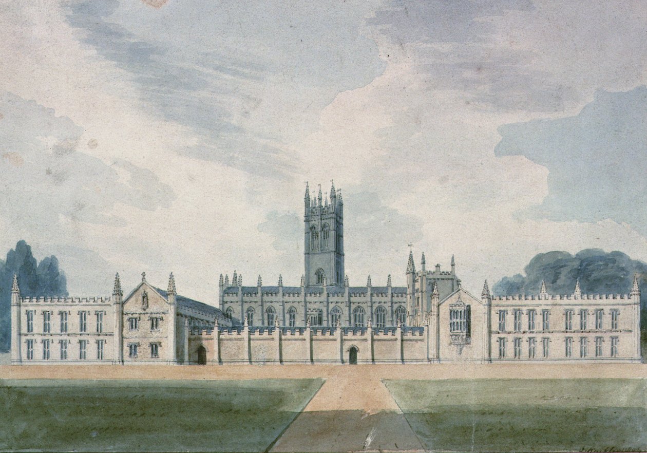 Magdalen College, Oxford, 1804 (akwarela) autorstwa John Chessell Buckler