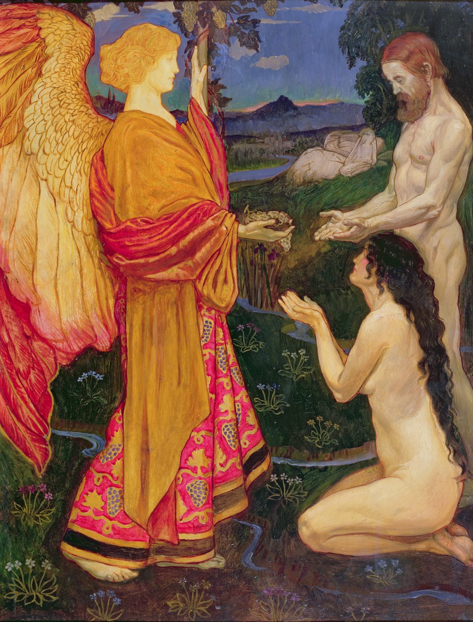 Anioł ofiarowujący Adamowi i Ewie owoce z ogrodu Eden autorstwa John Byam Liston Shaw
