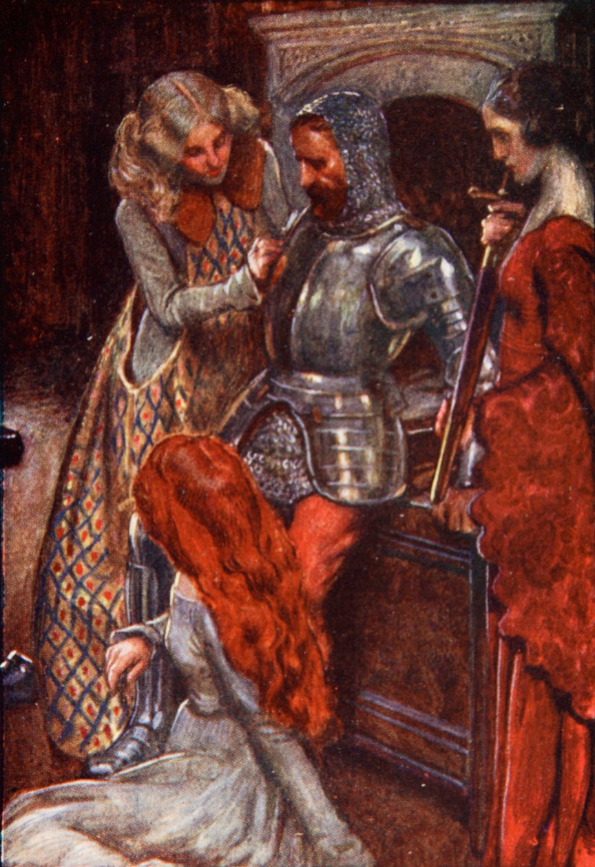 Zabrali go do Zbrojowni, zanim ich opuścił, ilustracja z „Wędrówki pielgrzyma” Johna Bunyana, opowiedziana przez Mary Macgregor, opublikowana przez T.C. i EC Jack, 1907 autorstwa John Byam Liston Shaw