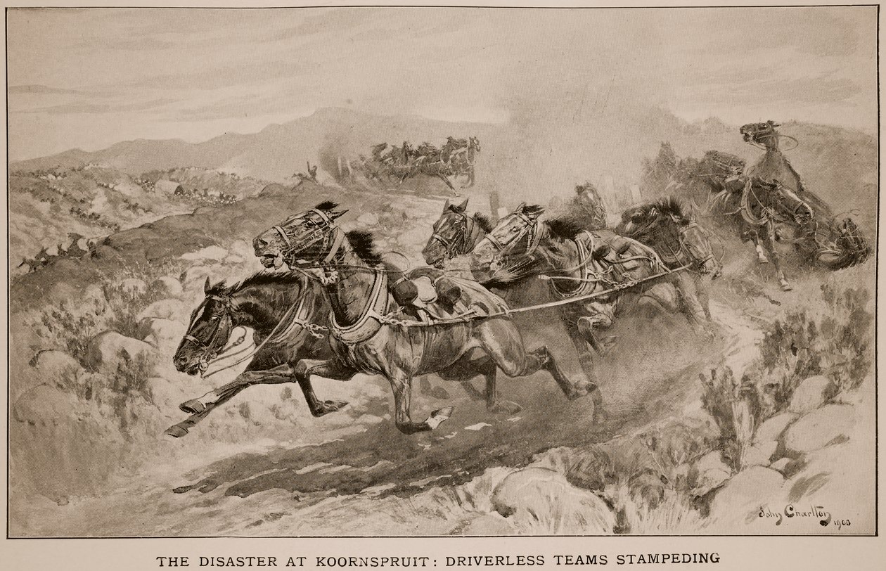 Katastrofa w Koornspruit: pędzące zaprzęgi bez kierowców, 1900 r. autorstwa John Charlton