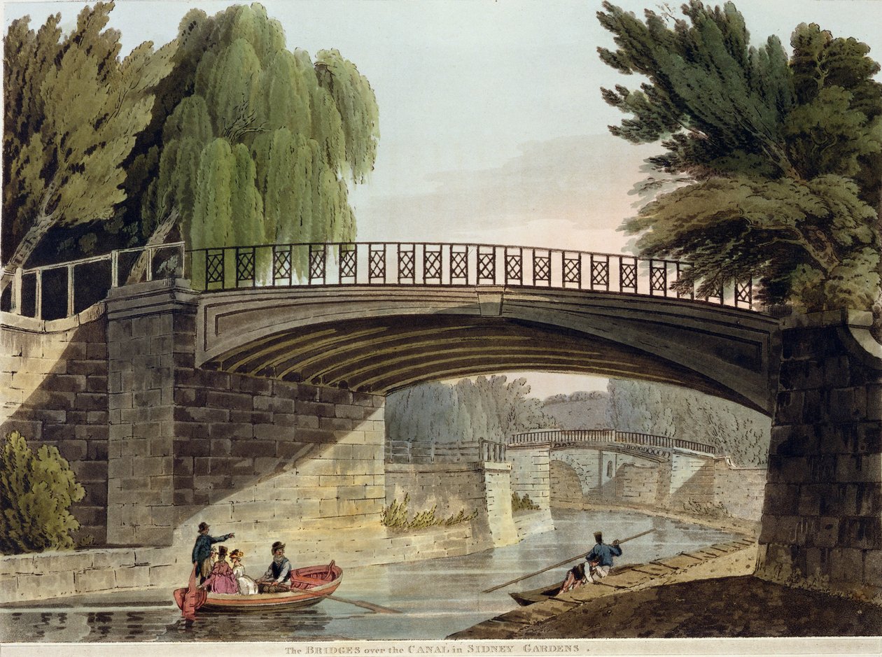 Mosty nad kanałem w Sydney Gardens, z „Bath Illustrated by a Series of Views”, grawerowane przez Johna Hilla (1770-1850) wyd. przez Williama Millera, 1805 (akwatinta) autorstwa John Claude Nattes