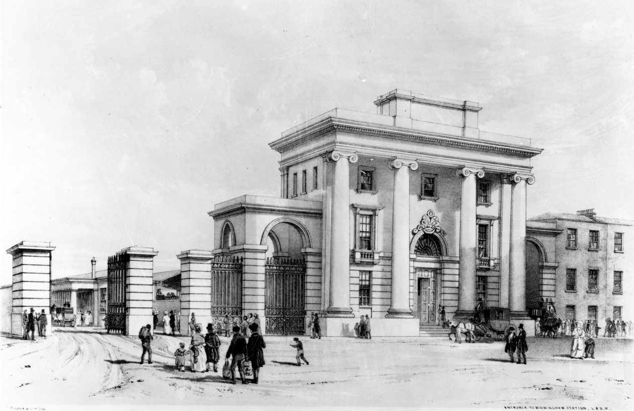 Wejście do dworca Birmingham, 1838 (pióro, atrament i pranie na papierze) autorstwa John Cooke Bourne