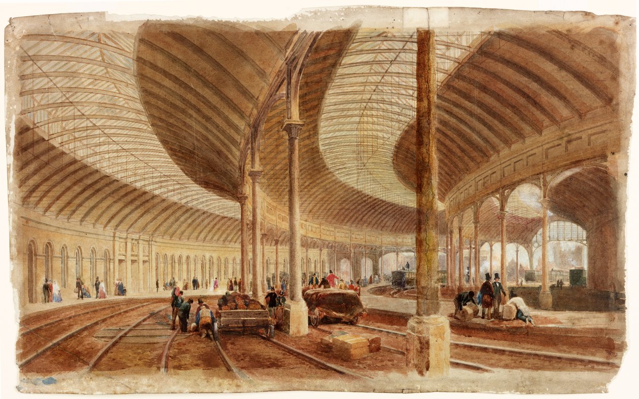 Wnętrze Dworca Centralnego, Newcastle upon Tyne (bc, ołówek i wc na papierze) autorstwa John Dobson