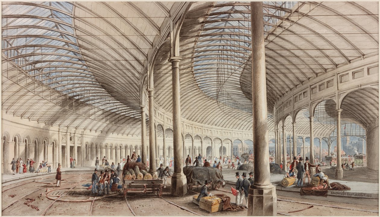 Wnętrze Central Station, Newcastle upon Tyne (bc, ołówek i wc na papierze) autorstwa John Dobson