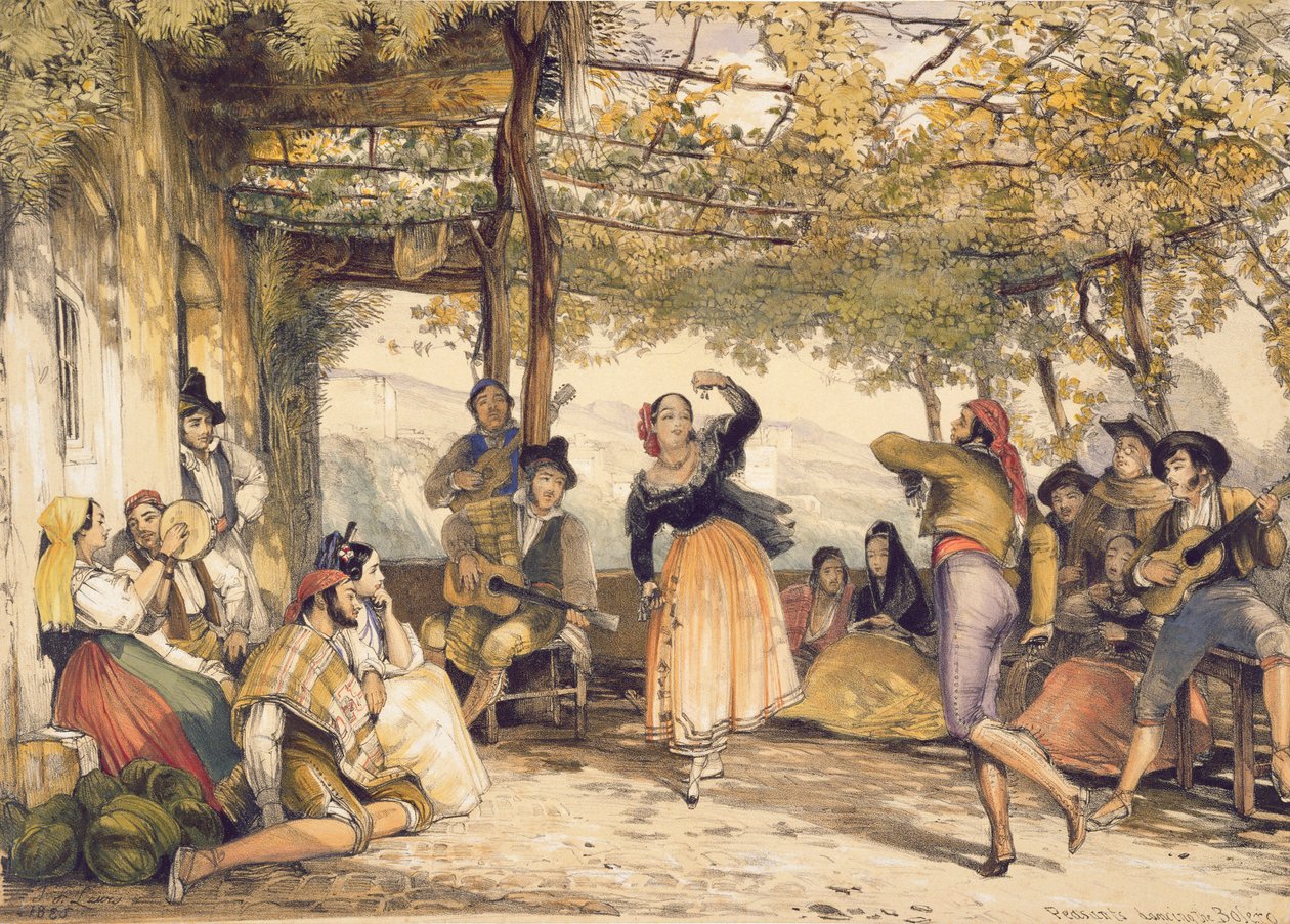 Chłopi tańczący bolerko, ze „Szkiców Hiszpanii”, sztychowanej przez Charlesa Josepha Hullmandela (1789-1850), opublikowanej w 1836 r. autorstwa John Frederick Lewis