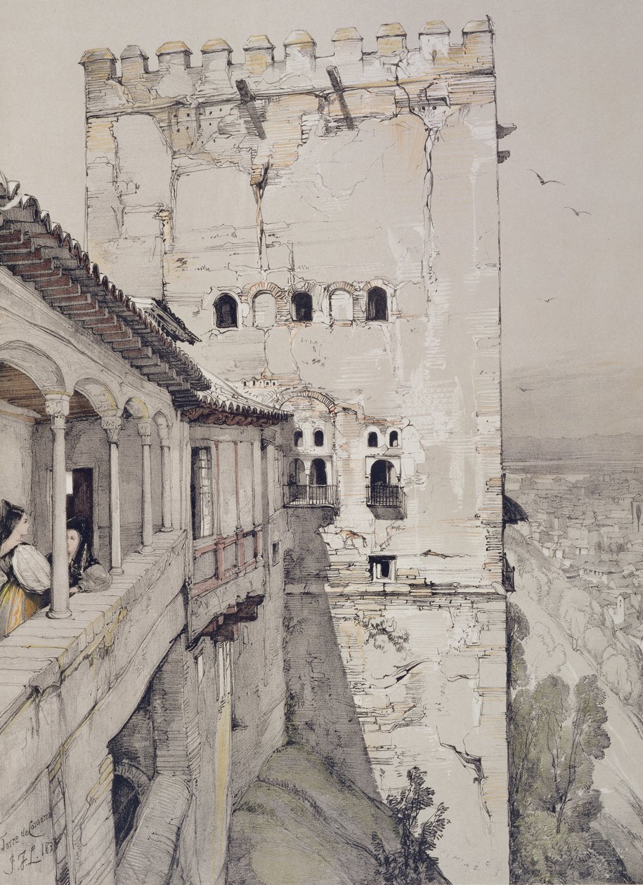 Wieża Comares (Torre de Comares), z „Sketches and Drawings of the Alhambra”, rytowana przez Jamesa Duffielda Hardinga (1798-1863), 1835 autorstwa John Frederick Lewis