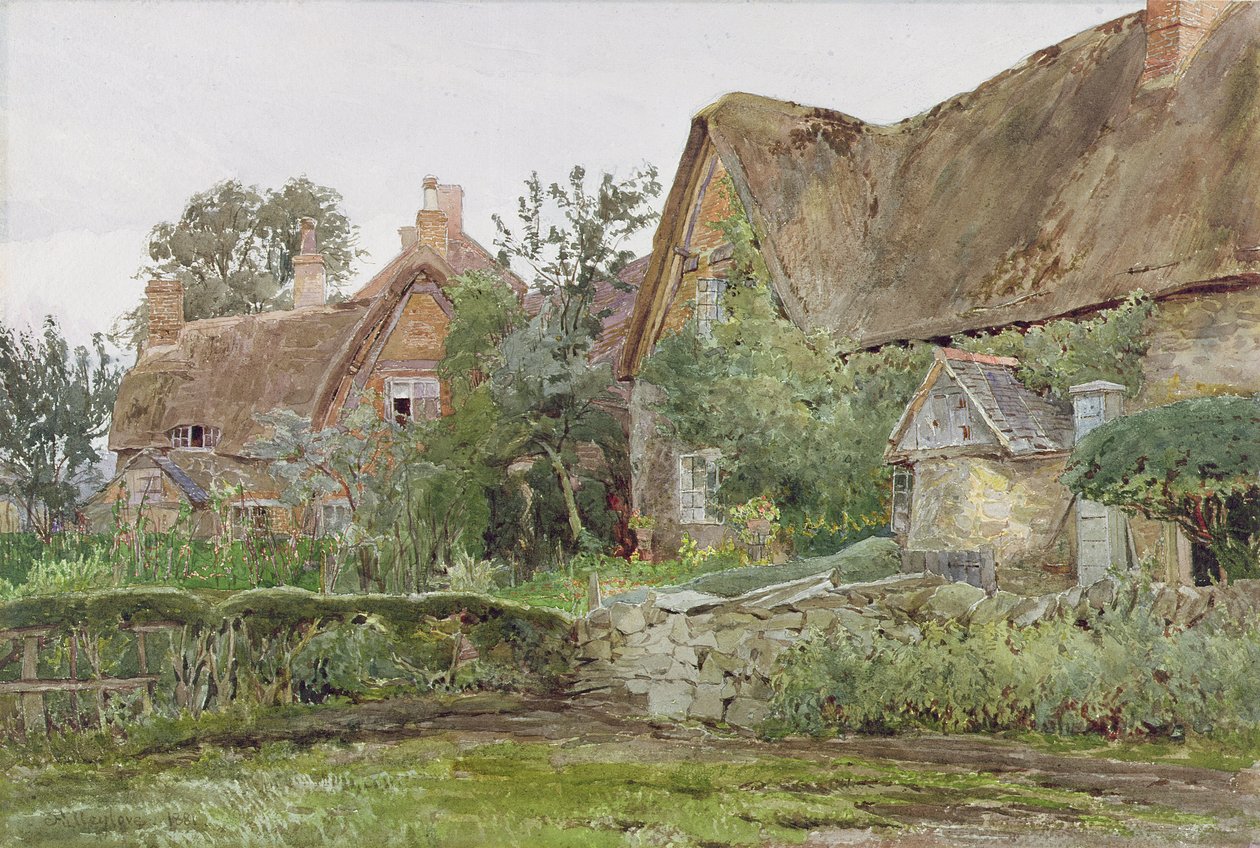 Kryte strzechą domki i ogrody przydomowe, 1881 (wc i grafit na papierze) autorstwa John Fulleylove