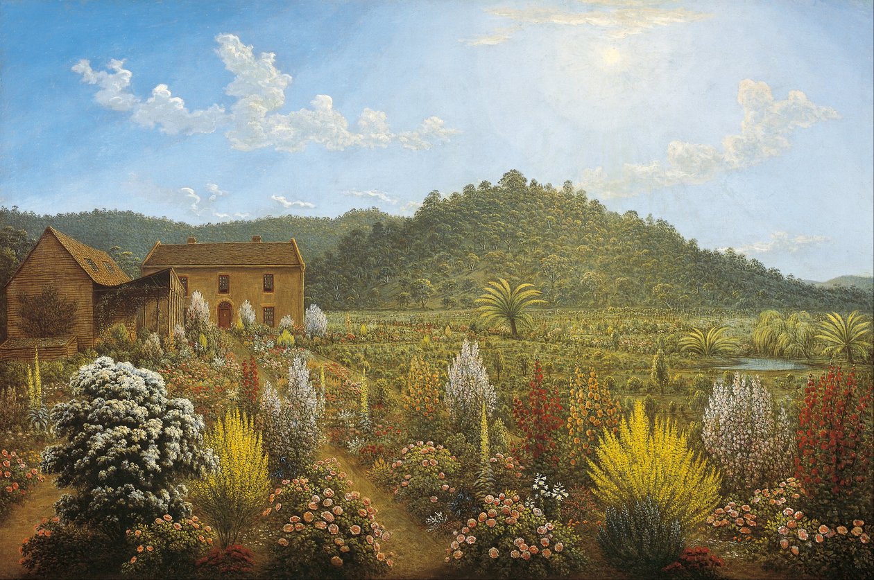 Widok na dom i ogród artystów, w Mills Plains, Van Diemens Land autorstwa John Glover
