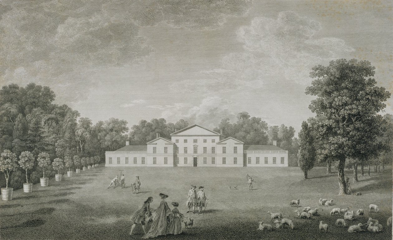 Widok pałacu w Kew od strony trawnika, rytowany przez Williama Woolletta (1735-85) 1763 autorstwa John Joshua Kirby