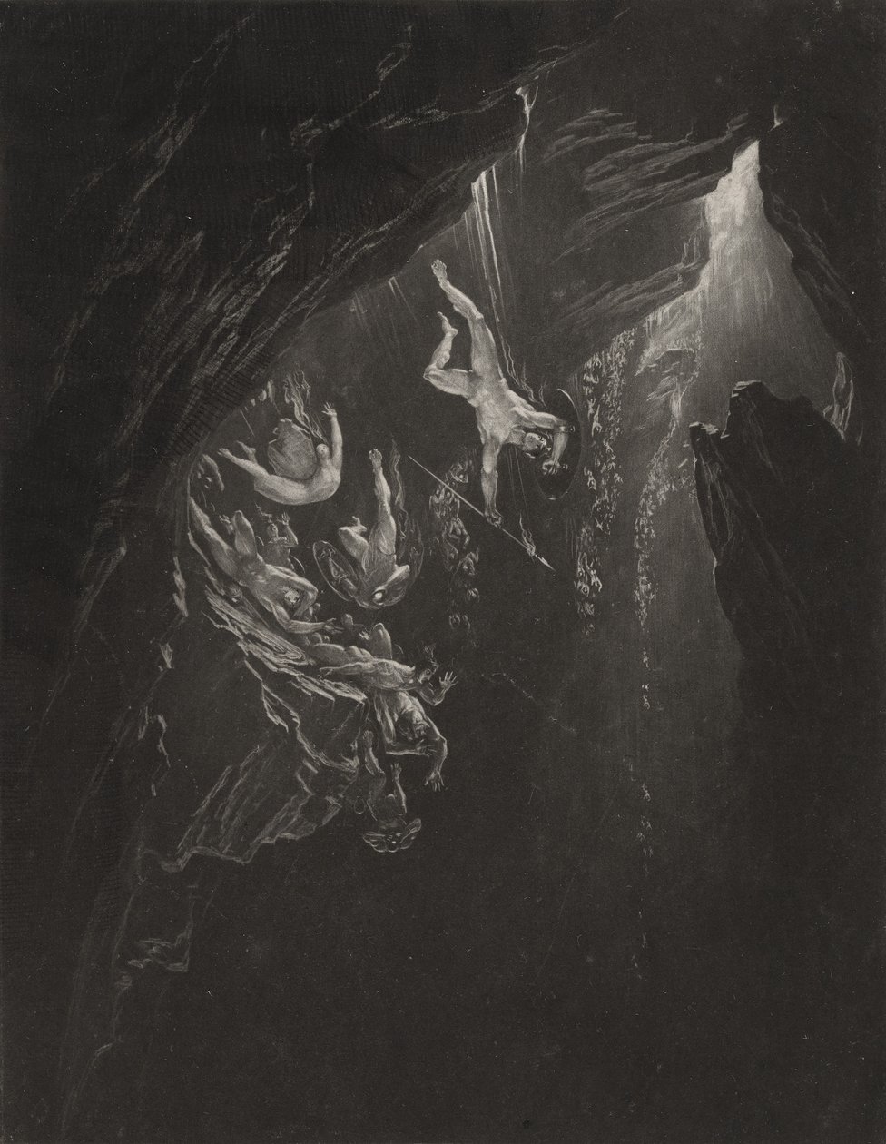 Upadek zbuntowanych aniołów, c.1827 (mezzotinta) autorstwa John Martin