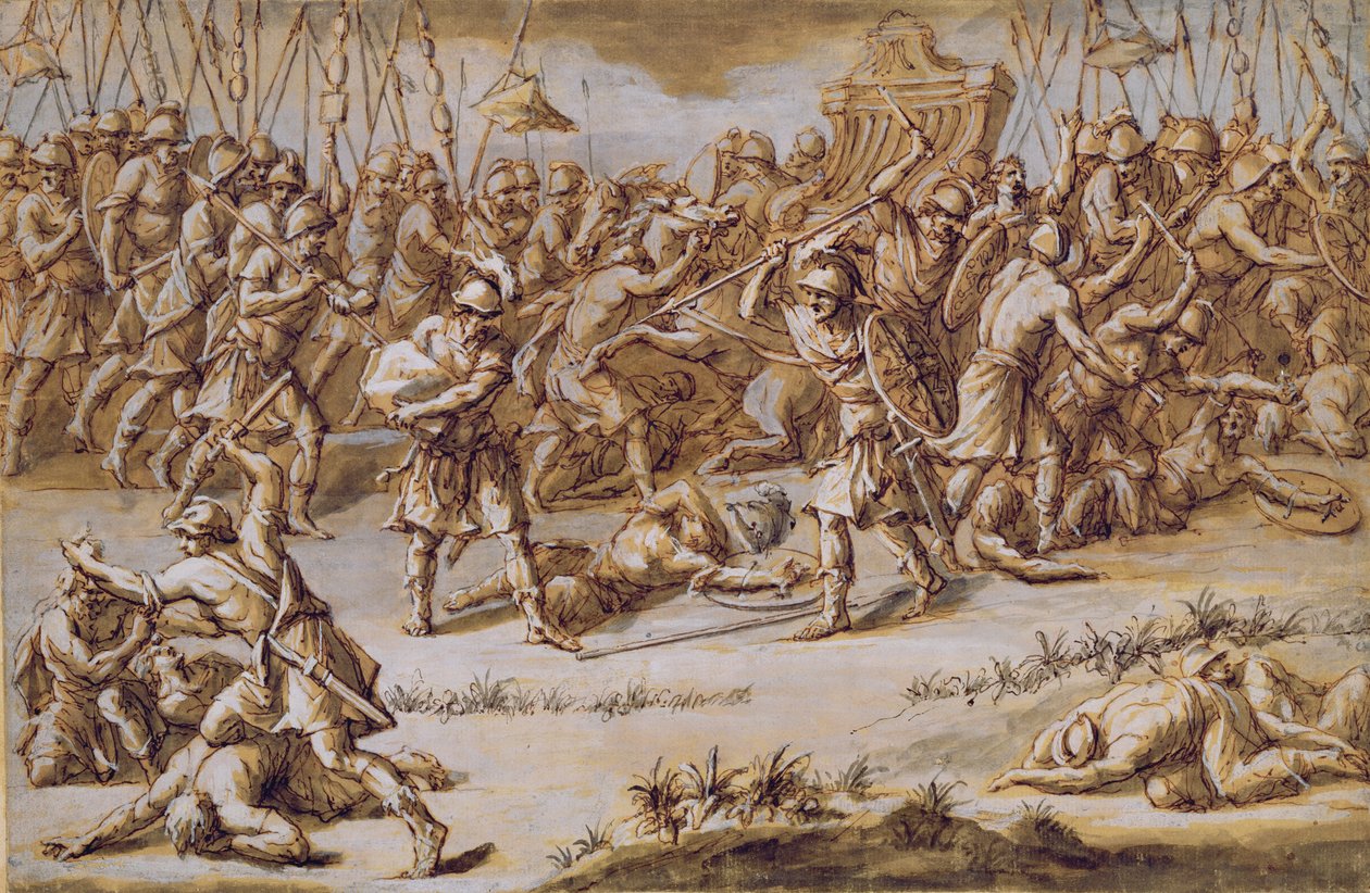 Ilustracja do „Iliady”, 1760 (pióro i tusz, pranie i gwasz na papierze wykładanym) autorstwa John Michael Rysbrack