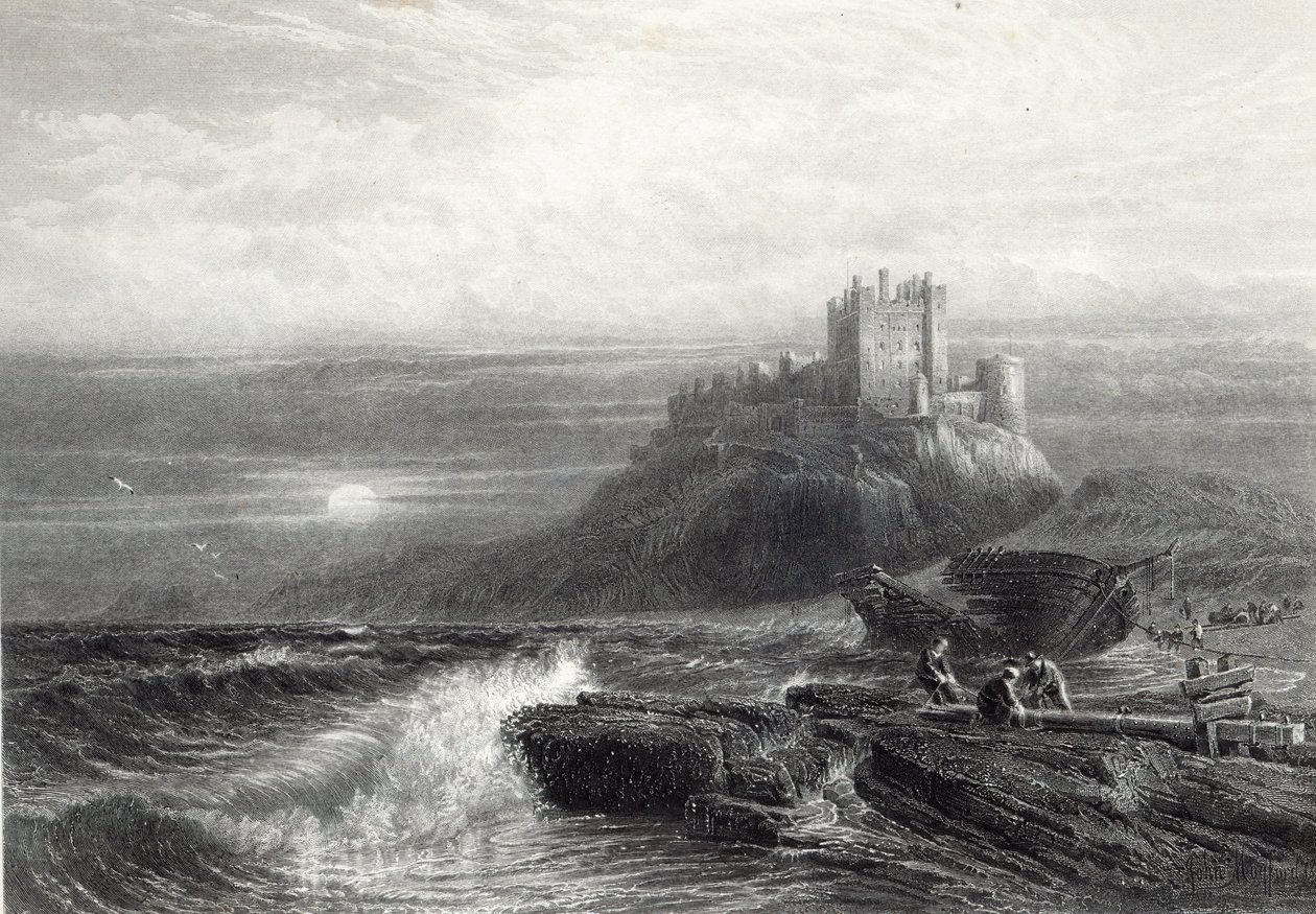 Zamek Bamburgh, rytowany przez S. Bradshawa, wydrukowany przez Cassell and Company Ltd. autorstwa John Mogford