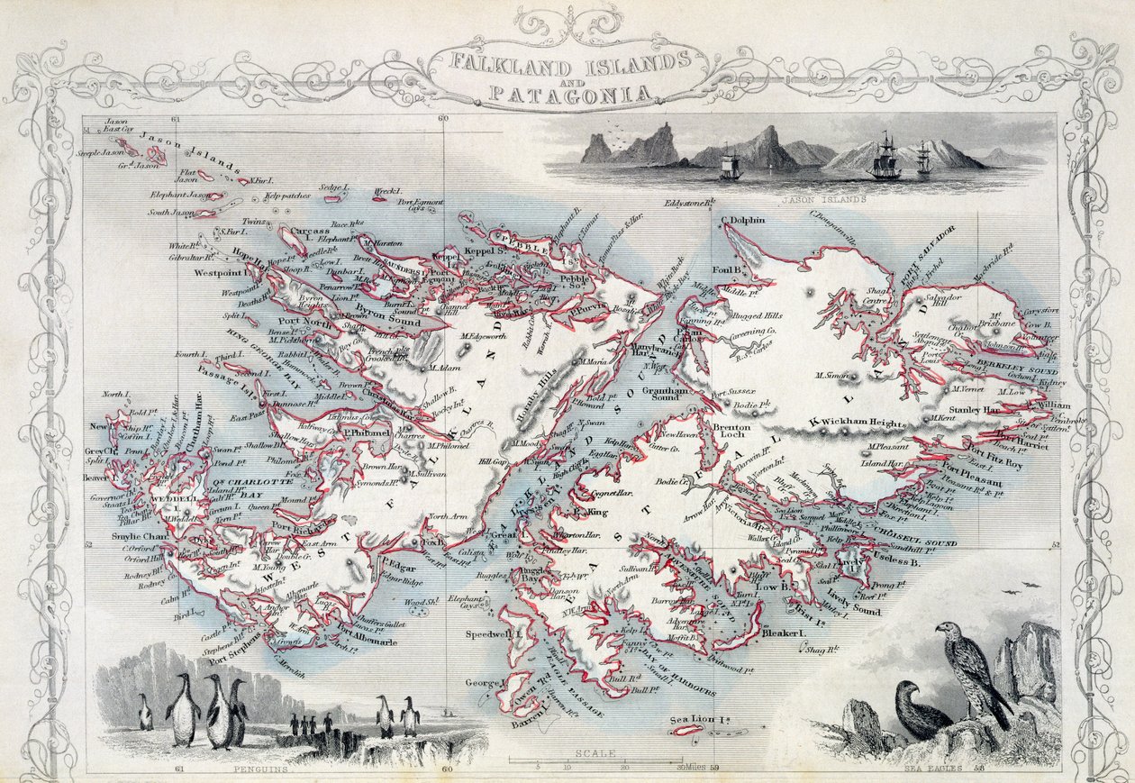 Falklandy i Patagonia, z serii map świata opublikowanej przez John Tallis und Co., Nowy Jork i Londyn, lata 50. XIX wieku autorstwa John Rapkin