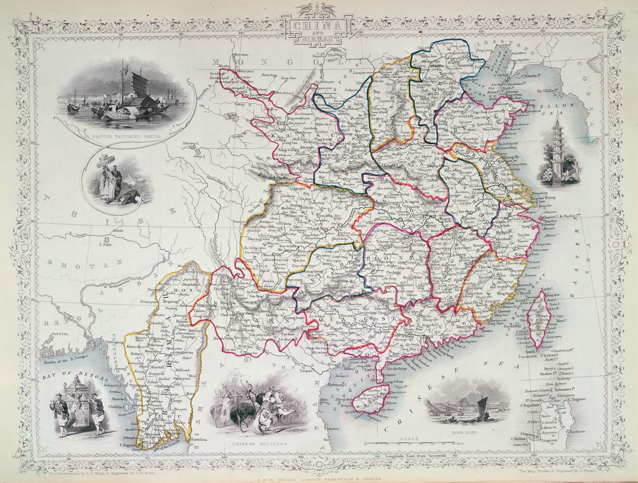 Mapa Chin i Birmy, 1851 (kolor grawerowany) autorstwa John Rapkin