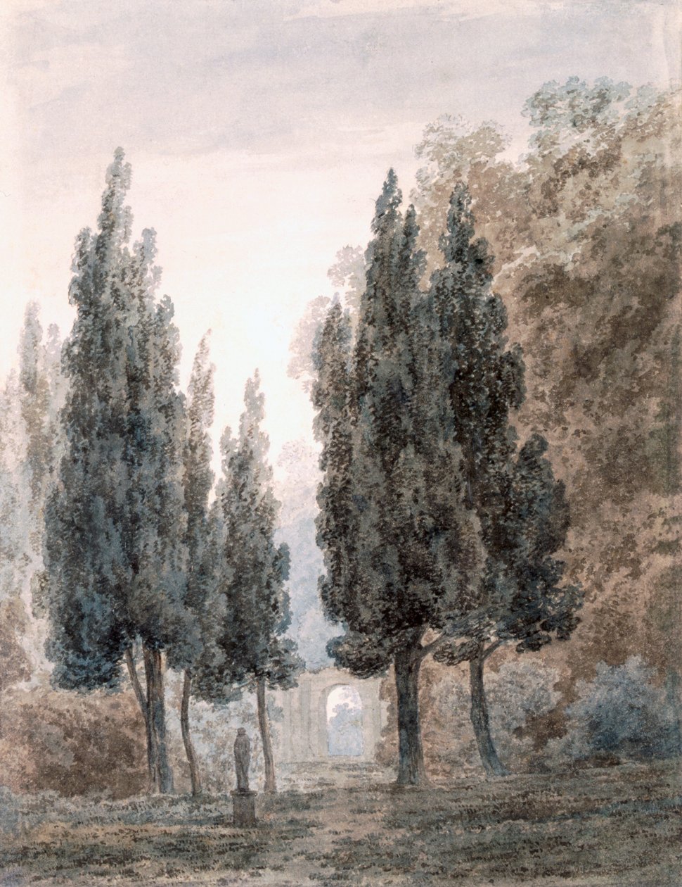 W ogrodach Villa Pamphili w Rzymie autorstwa John Robert Cozens