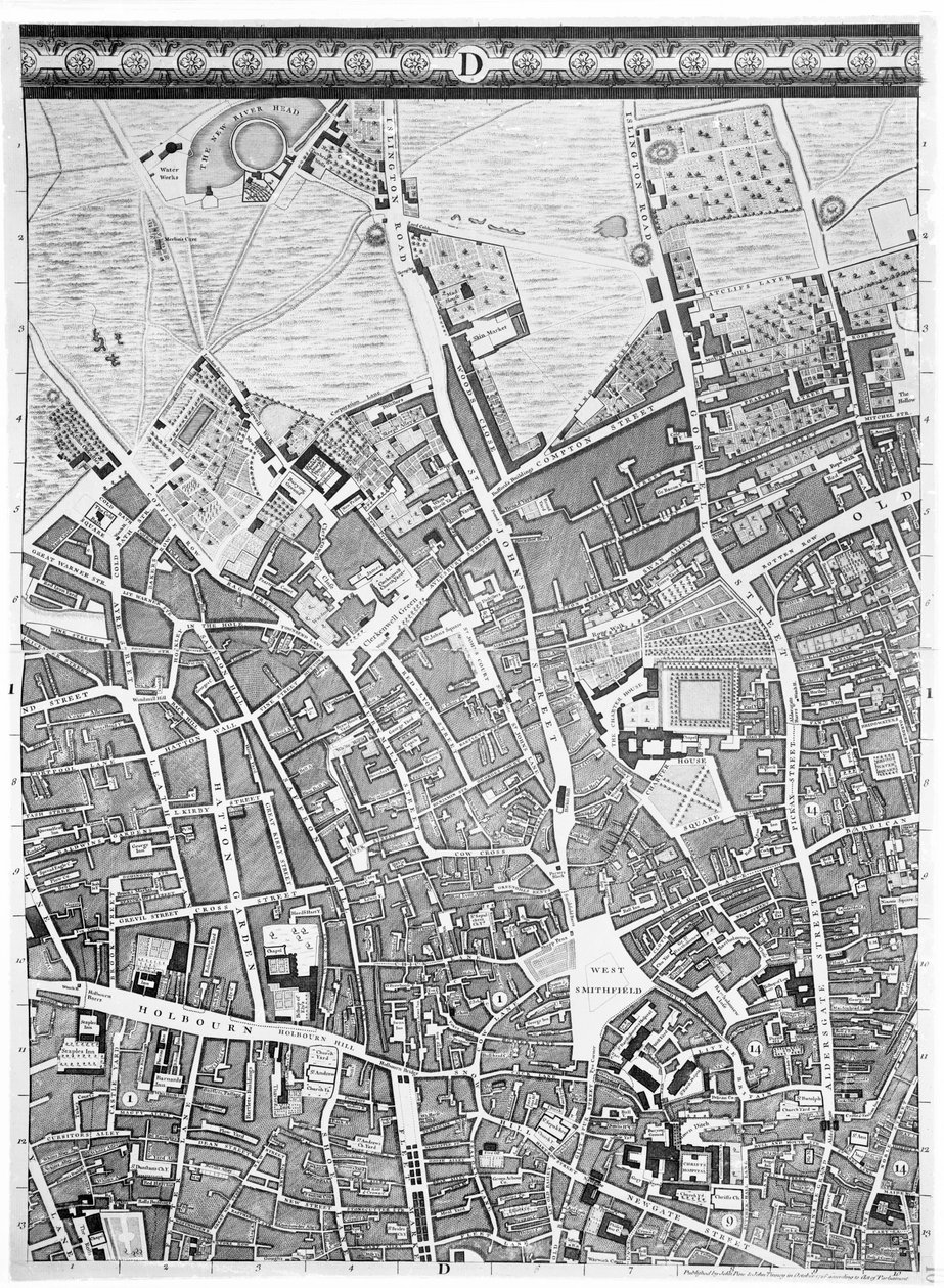 Mapa Clerkenwell, City of London, 1746 r autorstwa John Rocque