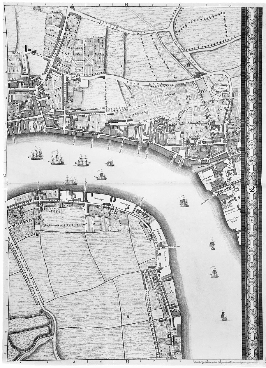 Mapa Limehouse i Rotherhithe, Londyn, 1746 r autorstwa John Rocque