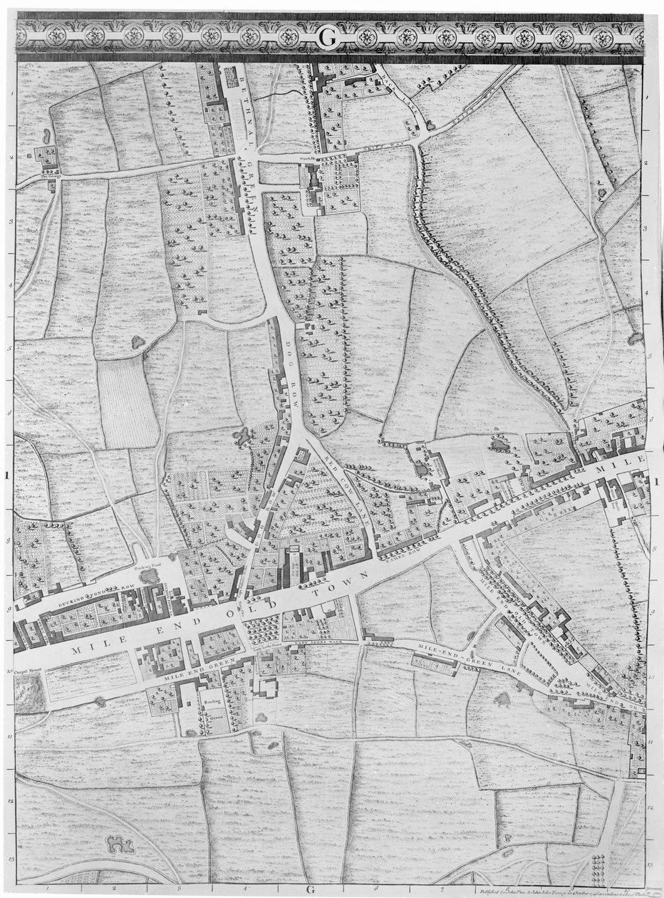 Mapa Mile End, Londyn, 1746 r. autorstwa John Rocque