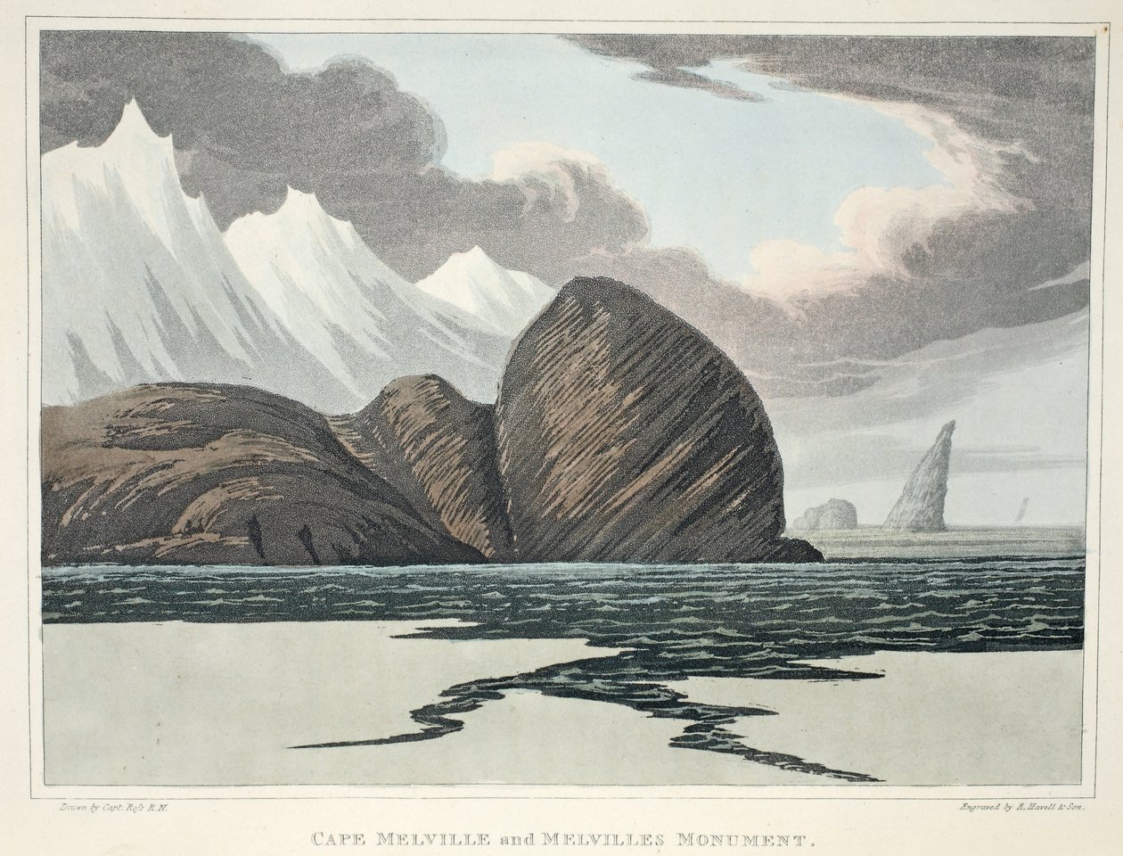 Przylądek Melville i pomnik Melville, ilustracja z „Podróży odkrywczej...”, 1819 (rycina ręcznie kolorowana) autorstwa John Ross