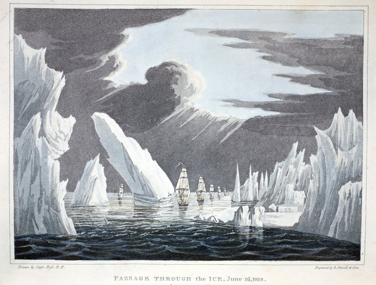 Przejście przez lód, 16 czerwca 1818, ilustracja z „Podróży odkrywczej...”, 1819 autorstwa John Ross