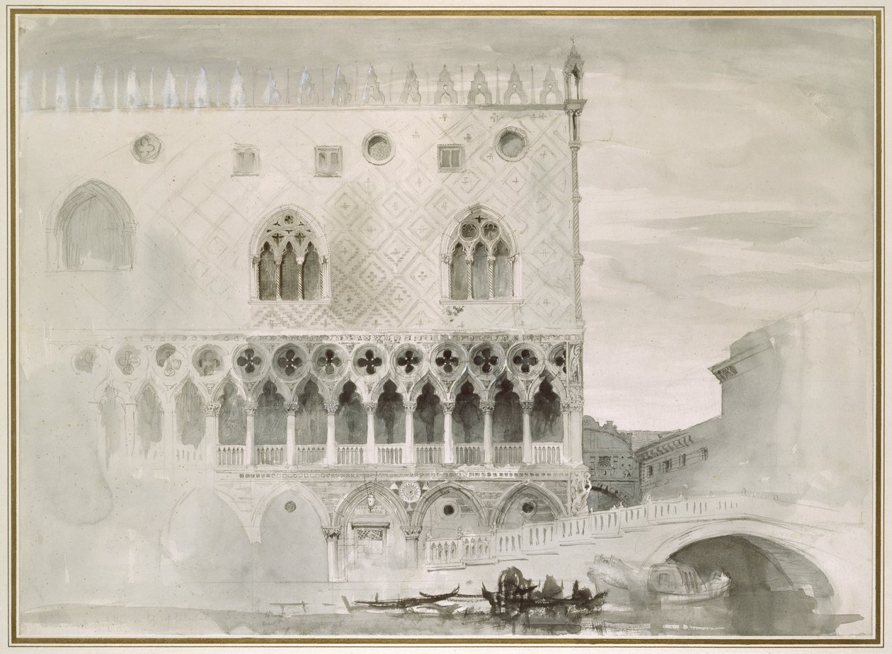 Pałac Książęcy na zewnątrz, Wenecja, XIX w. (pióro, atrament i pranie na papierze) autorstwa John Ruskin
