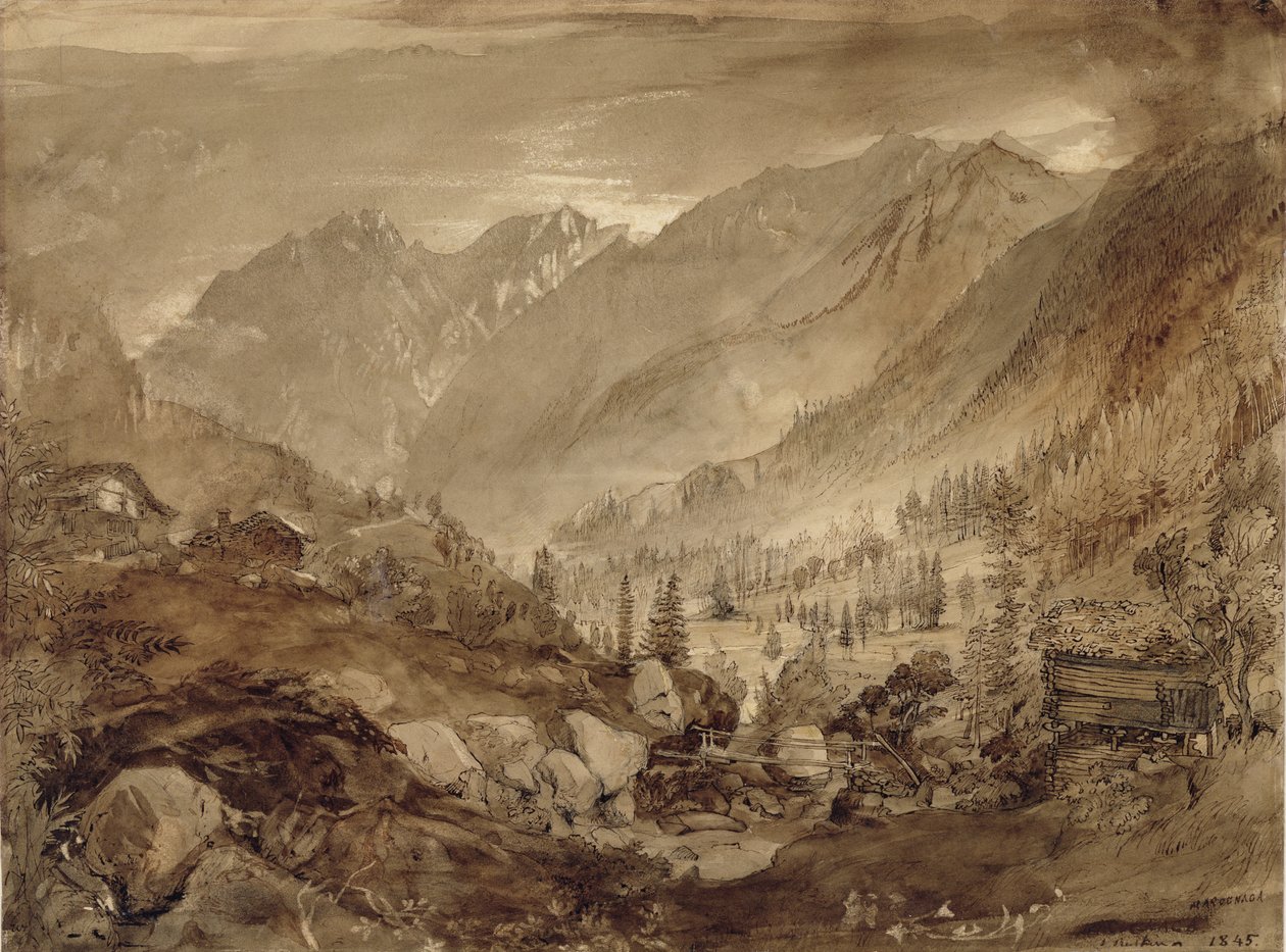Krajobraz górski, Macugnaga, 1845 (pióro, brązowy tusz i wash, ołówek na papierze) autorstwa John Ruskin