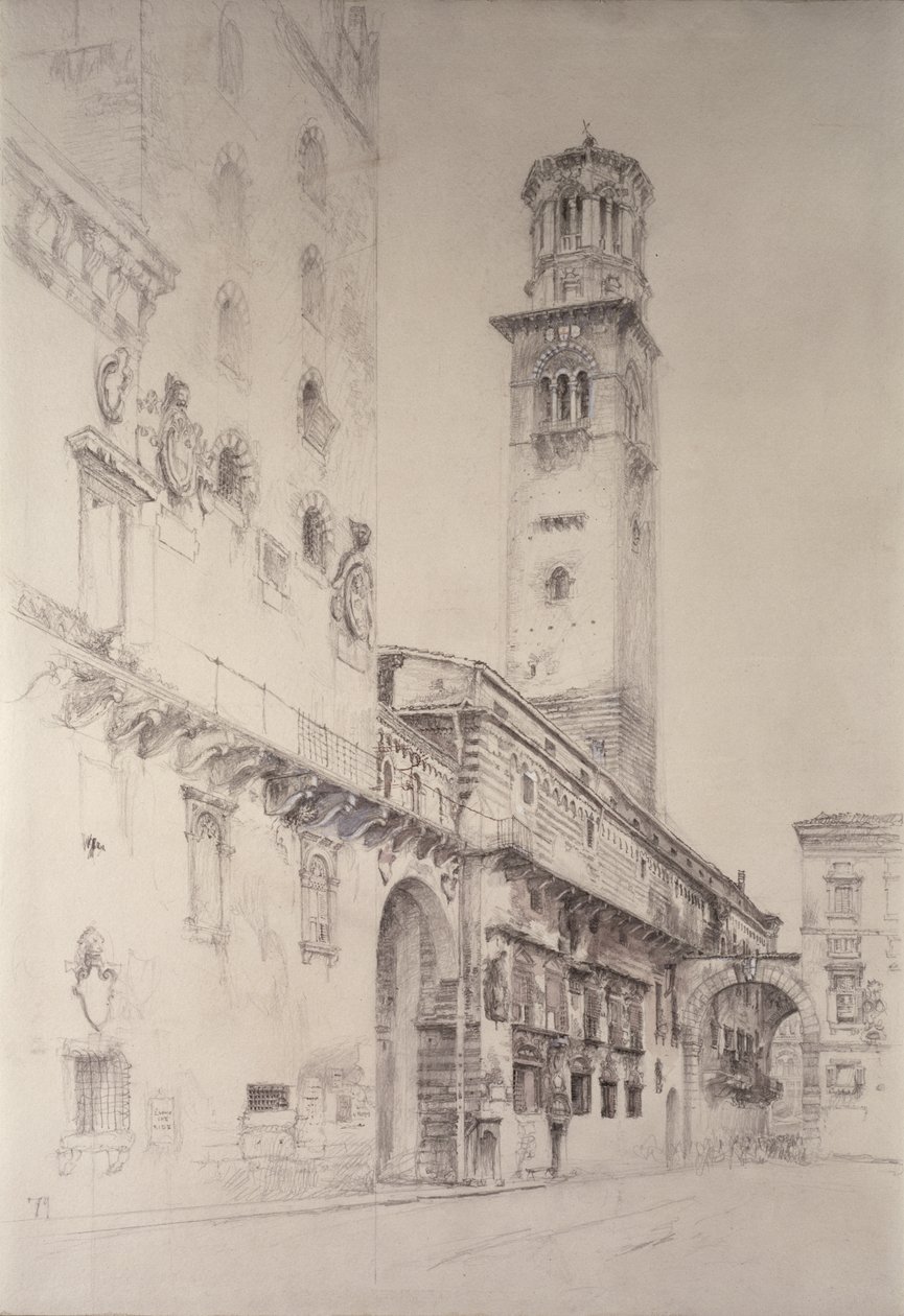 Piazza dei Signori, Werona, XIX w. (ołówek i wc na papierze) autorstwa John Ruskin