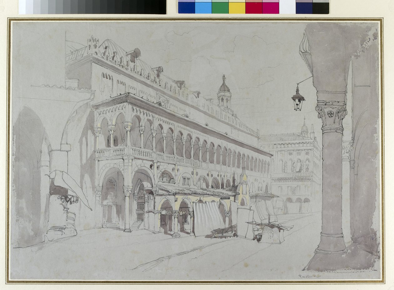Palazzo della Ragione i Piazza delle Erbe, Padwa, maj 1841 (grafit, akwarela, kolor nadwozia oraz pióro i tusz na szarym papierze) autorstwa John Ruskin
