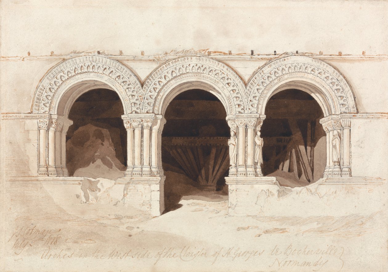 Łuki w zachodniej części klasztoru św. Georges de Boscherville, niedaleko Rouen, Normandia autorstwa John Sell Cotman