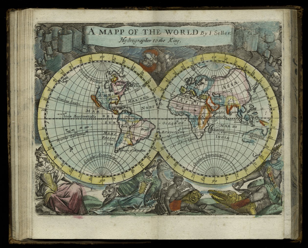 Mapa świata z Atlas maritimus autorstwa Johna Sellera, 1682 (ręcznie kolorowane grawerowanie) autorstwa John Seller