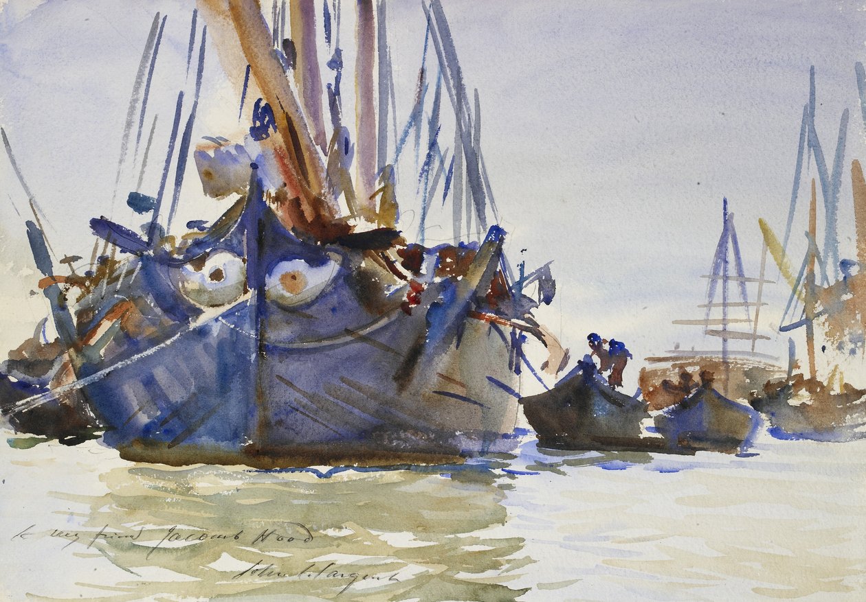 Włoskie statki żaglowe w Anchor (akwarela nad oznaczeniami w graficie na szorstkim papierze) autorstwa John Singer Sargent