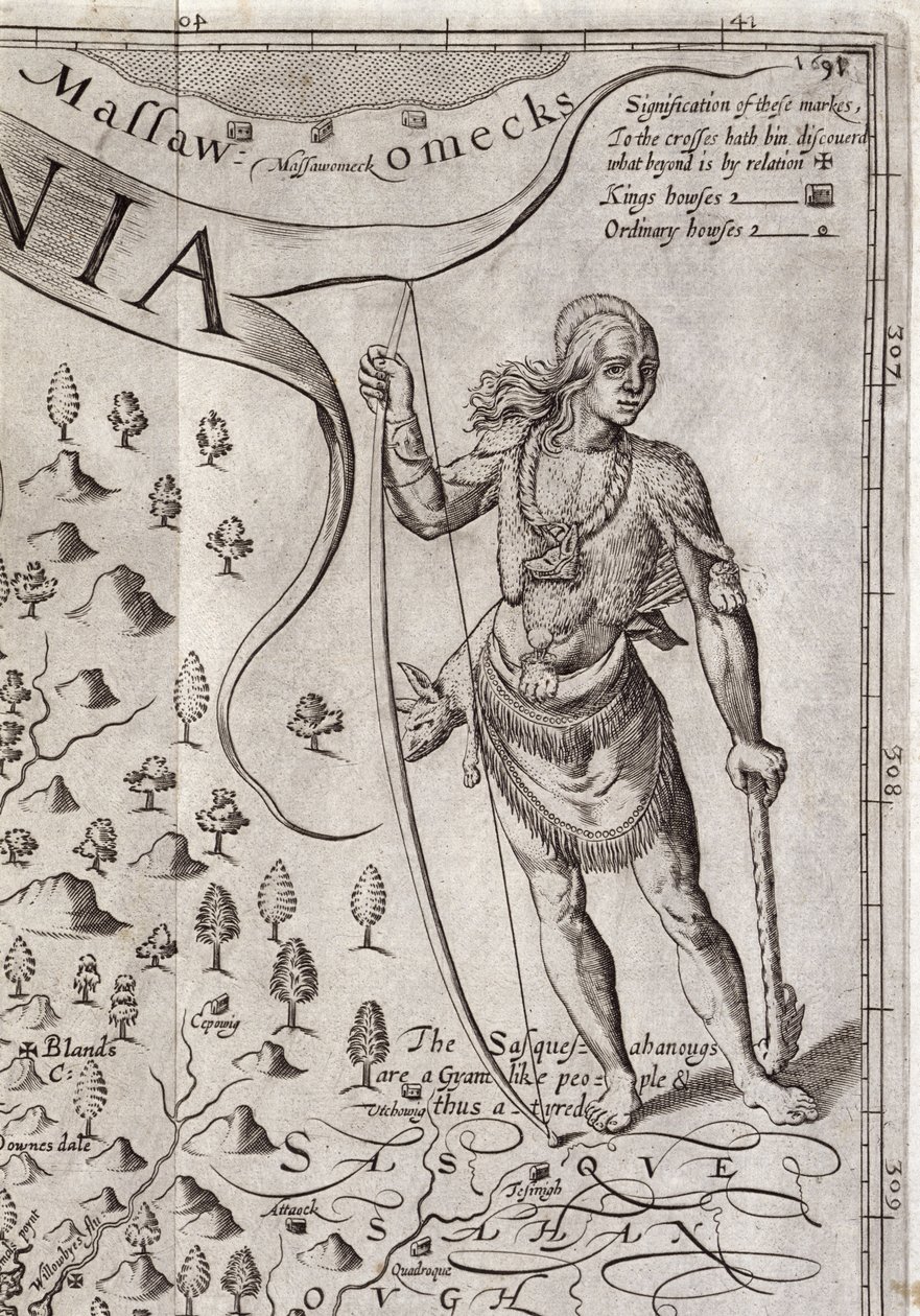 Wojownik Susquehannock, fragment z Mapy Wirginii, grawerowany przez Williama Hole