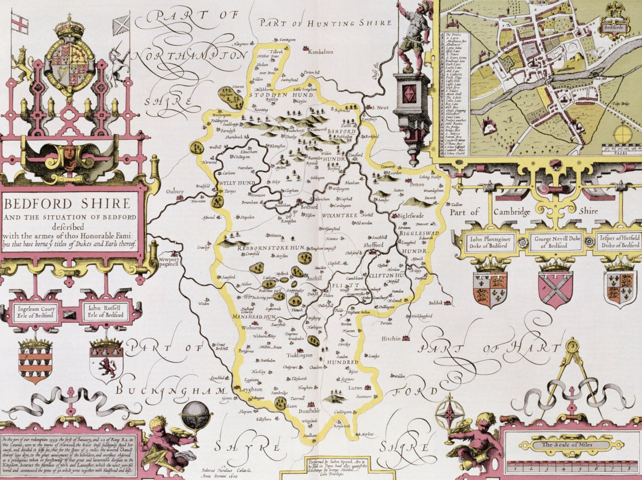 Bedfordshire i sytuacja Bedford, ryty przez Jodocusa Hondiusa (1563-1612) z „Teatru Imperium Wielkiej Brytanii” Johna Speeda, wyd. John Sudbury i George Humble, 1611-12 autorstwa John Speed