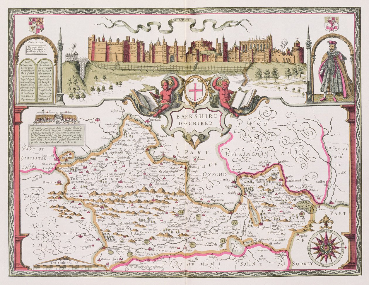 Berkshire, ryty Jodocusa Hondiusa (1563-1612) z Teatru Imperium Wielkiej Brytanii Johna Speeda, wyd. John Sudbury i George Humble, 1611-12 (ręcznie barwiony miedzioryt) autorstwa John Speed