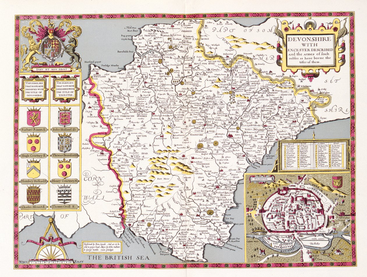 Devonshire, grawerowane przez Jodocusa Hondiusa (1563-1612) z Teatru Imperium Wielkiej Brytanii im. Johna Speeda, wyd. John Sudbury i George Humble, 1611-12 (ręcznie barwiony miedzioryt) autorstwa John Speed