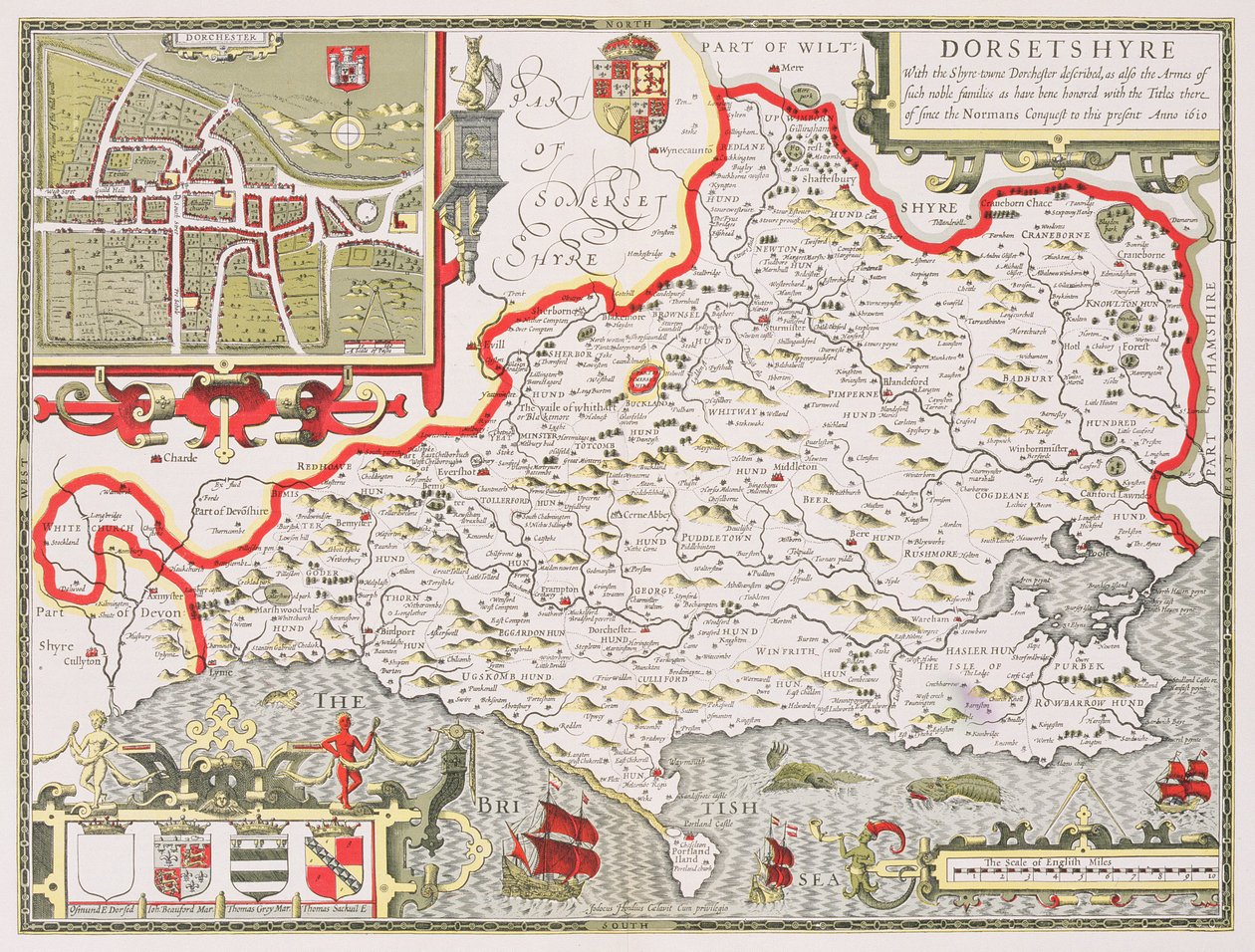 Dorsetshire, wyryty przez Jodocus Hondius (1563-1612) z John Speed