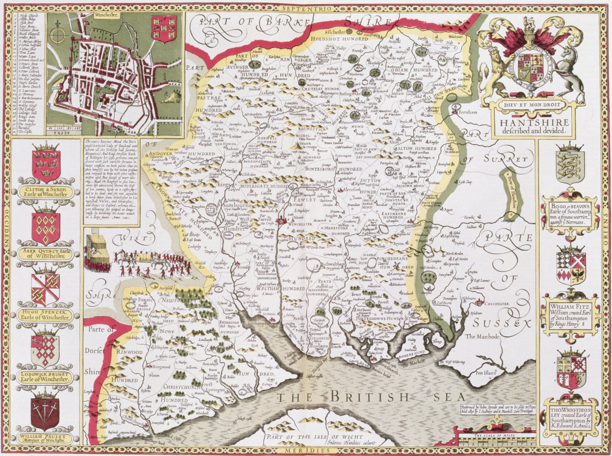 Hantshire, grawerowane przez Jodocusa Hondiusa (1563-1612) z „Teatru Imperium Wielkiej Brytanii” Johna Speeda, wyd. John Sudbury i George Humble, 1611-12 (ręcznie barwiony miedzioryt) autorstwa John Speed
